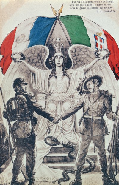 Postcard Celebrating the Alliance of France and Italy During the First World War by Italian School