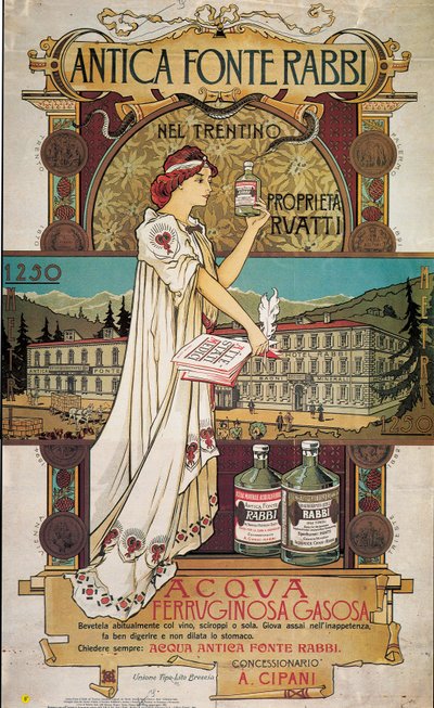 Poster advertising medicinal water from the Antica Fonte di Rabbi nel Trentino by Italian School