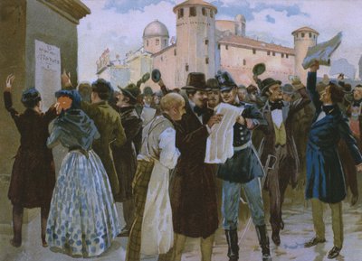 Proclamation of the results of the plebiscite of 4th March 1848 before Palazzo Reale in Turin, illustration from an album on the history of Risorgimento made for the chocolate Talmone by Italian School