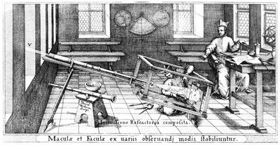 Projecting the image of the Sun through a refracting telescope in order to study sunspots, illustration from Rosa Ursina by Christoph Scheiner, published in 1630 by Italian School