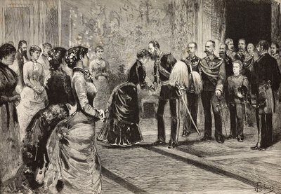 Queen Margherita and Umberto I receiving crown prince of Germany (future Frederick III) at Quirinale, Rome, Italy, engraving from drawing by Dante Paolocci, from L