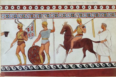 Reconstruction of tomb painting from Paestum depicting Greek foot soldiers and cavalry by Italian School