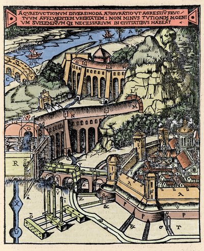 Representation of an aqueduct. Colored engraving from 