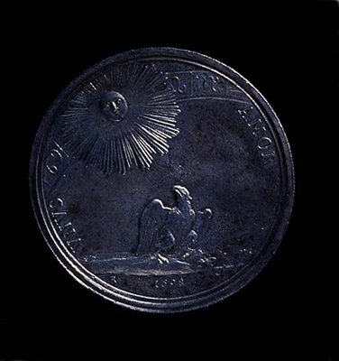 Reverse of a portrait medal of Anna Isabella of Mantua depicting eagle observing the sun, minted 1698 by Italian School