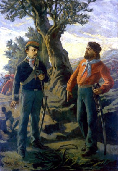 Risorgimento: Gerolamo Bixio called Nino Bixio (1821-1873) and Giuseppe Garibaldi (1807-1882) at the Battle of Calatafimi in Sicily on 15/05/1860. Garibaldi proclaims to Bixio who suggests that he withdraw: 