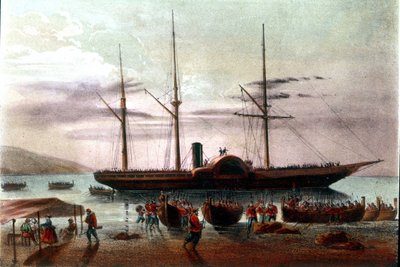 Risorgimento: the departure on 8/08/1860 of Giuseppe Missori, officer of the army of Giuseppe Garibaldi, in the Strait of Messina towards the Fort of Villa San Giovanni. Illustration of the 19th century by Italian School