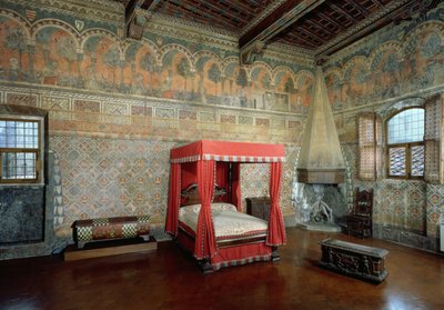 Room of the Castellana di Vergi showing the frescoed walls and frieze depicting a medieval French romance by Italian School