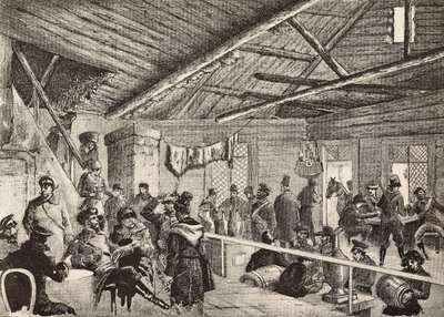 Russian soldiers in tavern near Warsaw fortifications, Poland, engraving from L