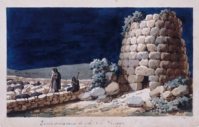 Sardinian shepherds near a nuraghe, print ms. 257, Cominotti Collection, c.1825 by Italian School