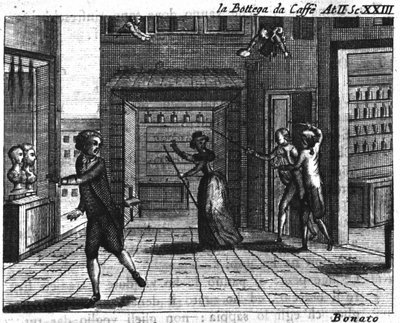 Scene 23 of Act II of the comic piece “La bottega del caffe” (The cafe) (1750) by Carlo Goldoni (1707-1793): tables of games. Engraving of the 18th century by Italian School