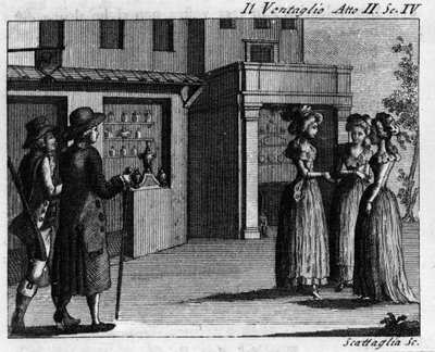 Scene 4 of Act II of the comic piece “Il ventaglio” (The fan) (1764) by Carlo Goldoni (1707-1793). Engraving of the 18th century by Italian School