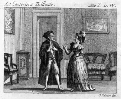 Scene 4 of Act I of the comic piece “La cameriera brillante” (The brilliant maid) (1754) by Carlo Goldoni (1707-1793): tables of games. Engraving of the 18th century by Italian School