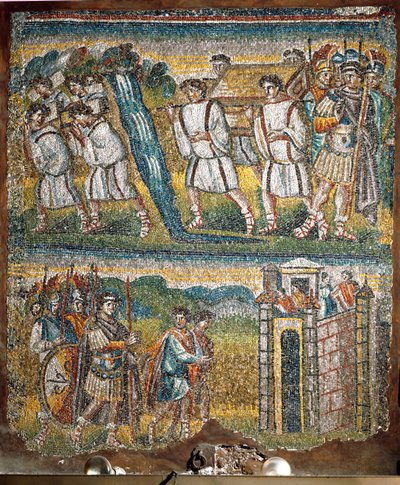 Scenes from The Book of Joshua: The Ark of the Covenant Carried by Seven Priests Across the Jordan, Joshua Sends Two Spies to Jericho by Italian School
