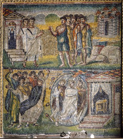 Scenes from the The Life of Moses: the return of the twelve spies sent by Moses to the promised land, Attempted stoning of Moses by Italian School