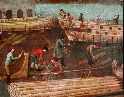 Shipyard in the arsenal of Venice (Detail, Painting of the Venetian School, 18th century) by Italian School