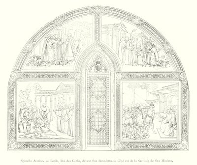 Spinello Aretino, Totila, King of the Goths, before Saint Benedict, East Side of the Sacristy of San Miniato (engraving) by Italian School