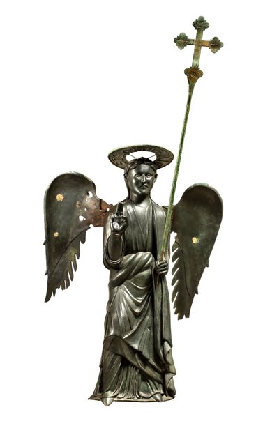 St. Gabriel Archangel Holding a Processional Cross, XII Century Bronze Statue, Cross of 1369 by Italian School