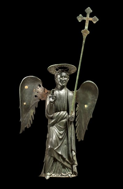 St. Gabriel Archangel holding a processional cross, 12th century bronze statue, Cross of 1369 by Italian School