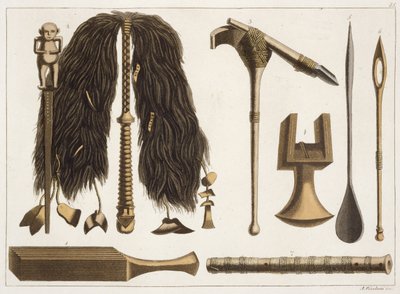 Tahitian tools and Ceremonial instruments, illustration from a collection of early 19th Century travel books by Italian School