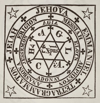 The Great Magic Circle of Agrippa for the Evocation of Demons, copy of an illustration from Les Oevres Magiques de Henri Corneille Agrippa, Rome 1744, used in a History of Magic, published late 19th century by Italian School