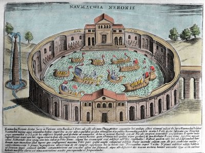 The Naumachia of Neron, representation of a naval battle in Rome. Engraving (17th century). by Italian School