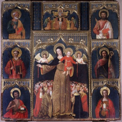 The Virgin with Christ Child: Altarpiece of Our Lady of the Rosary. Six saints surround the Virgin: Saint Peter, Saint John the Baptist holding the Lamb of God, Saint Barthelemy, Saint Stephen, Saint Julian, Saint Mary Madeleine. Above, the crucifixion by Italian School