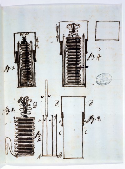 The Voltaic Pile (Battery). Drawing from a Letter of Alessandro Volta (1745-1827) to Dieudonne Dolomieu (1750-1801) on Galvanism, 1801 by Italian School