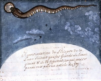 The eclipse of the moon imagined by the Mogol Indians (a snake devouring the moon) Page taken from the manuscript 