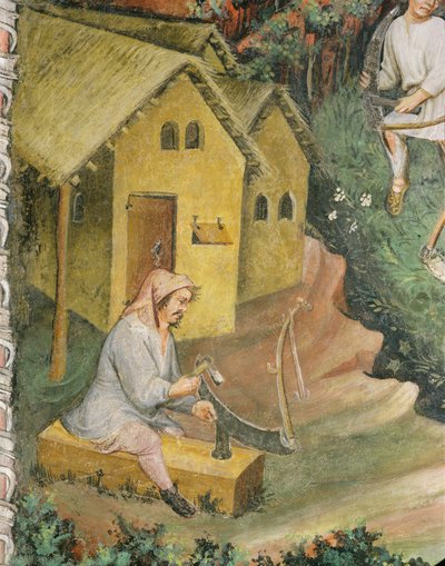 The Farmer Prepares the Scythe for Haymaking by Italian School