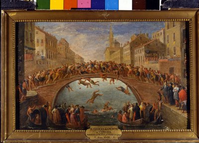 The game of the bridge in Venice. The battle of the batons on the Ponte Santa Fosca. Painting of the Venetian school. 18th century. by Italian School
