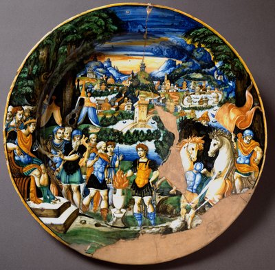 The hero Caius Mucius Scaevola facing Porsenna, Etruscan king. Ceramic plate produced in Urbino in the workshop Fontana, Italy. Circa 1560. National Museum of Bargello, Florence, Italy by Italian School