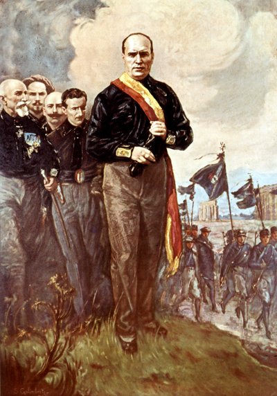 The march on Rome: Benito Mussolini walking towards Rome surrounds black shirts on 28/10/1922 after the painting of S.Galimberti. by Italian School