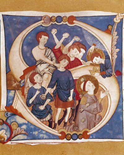 The martyrdom of St. Stephen. The stoning of the first Christian martyr in the 1st century. Illuminated letter of a manuscript from the school of Umbria. 14th century. Citta di Castello, Biblioteca Civica by Italian School