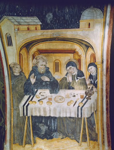 The miracle of the rain after the intervention of St. Scholastica during the meal with her brother, St. Benedict by Italian School
