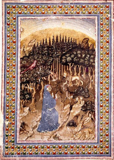 The poet Dante finds himself in a dark forest. Illuminated page of the first song of Hell from the 