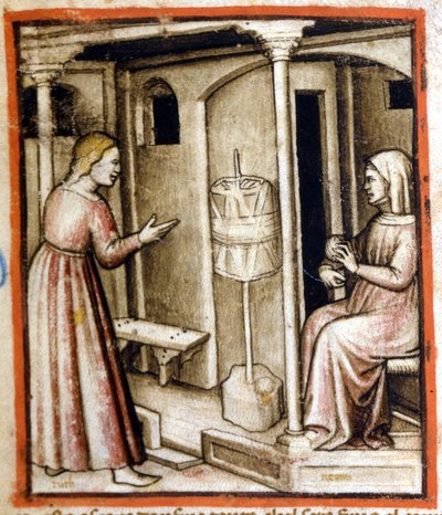 The spinning of wool in the 14th century. Miniature from codex 212 (or padovano codice or Bible of Padua) 1390-1400 Rovigo, Accademia dei Concordi by Italian School