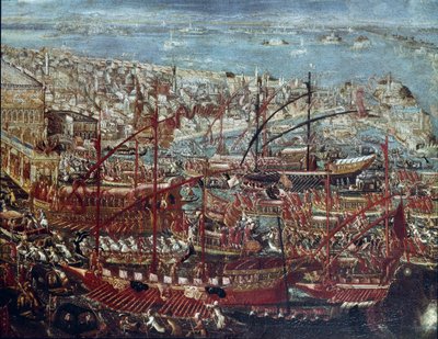 The triumphant return of the Venetian fleet to the arsenal after the campaign led by Doge Francesco Morosini against the Turks in 1659. Painting of the Venetian School (17th century) Venice, Correr Museum by Italian School