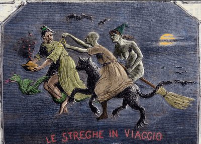 The witches on their way to the Sabbath: one is on a black cat, another on a broom and the third on a dragon carries an elixir. by Italian School