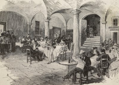 Third-class passengers and first-class quarantined passengers, disinfecting luggage, Quarcino castle, on the Swiss border, cholera epidemic, Italy, engraving by Mancastropa from drawing by Bonamore, from L
