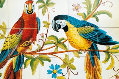Tile panel depicting parrots, Vietri sul Mare production by Italian School