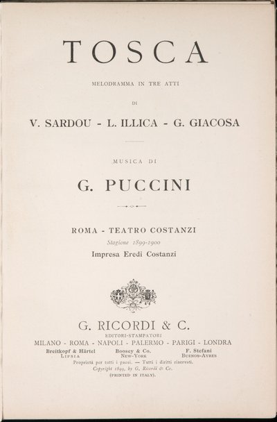 Title Page, Libretto della Tosca, by Giacomo Puccini, Edizione Ricordi, Italy by Italian School