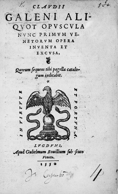 Titlepage to Claudi Galeni Aliquot opuscula nunc primum Venetorum opera inventa et excusa, a collection of works by Claudius Galen, published in 1550 by Italian School