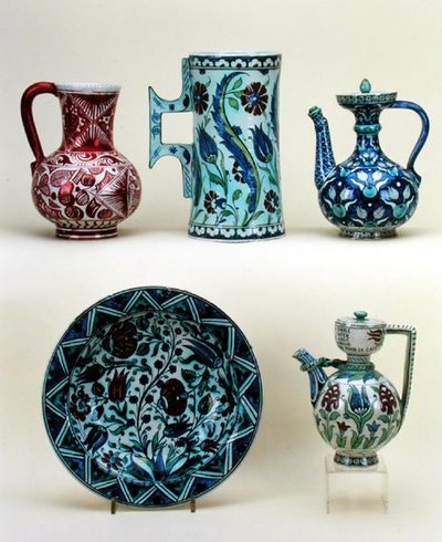 Jug; Large Tankard; Oriental Coffee Pot; Charger; Oriental Coffee Pot, all maiolica from Cantagalli Factory by Italian School