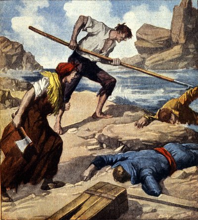 Two shipwreckers (pirates) after drawing the boat to the rock looted the crew. Italian illustration by Italian School