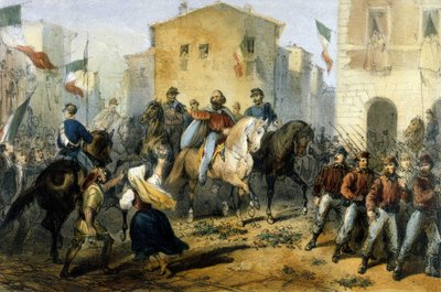 Unification of Italy: the expedition of the Thousand or Red Shirts led by Giuseppe Garibaldi (1807-1882). Arrival to Messina in Sicily. Drawing late 19th century by Italian School
