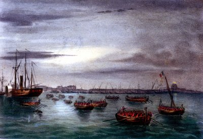 Unification of Italy: the expedition of the Thousand or Red Shirts led by Giuseppe Garibaldi (1807-1882). Departure of the first fleet of the Garibaldi army from the lighthouse of Messina in Sicily towards Calabria. 1860 Lithograph of the 19th century by Italian School