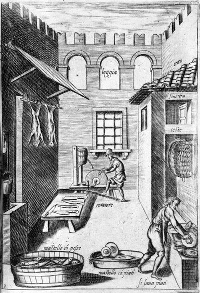 View of a kitchen. At the bottom, a man sharpens the knives while in front another washes the plates. Engraving from 