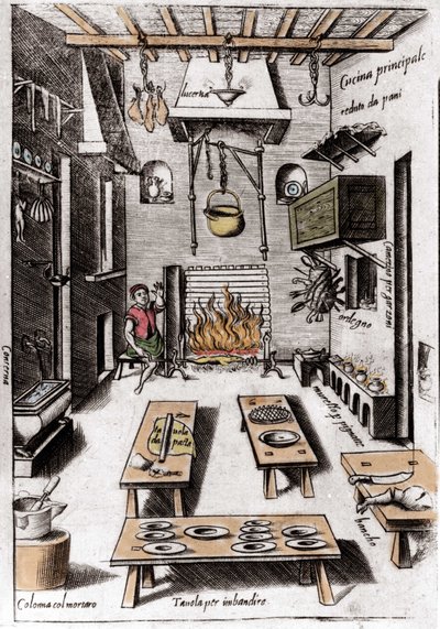 View of a kitchen. Engraving from “Opera”, book on gastronomy divided into 6 parts, by Bartolomeo Scappi, personal cook of Pope Pius V. Venice by Italian School
