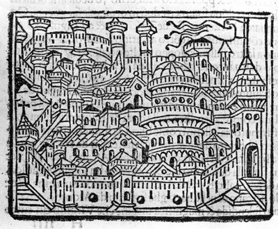 View of the city of Aosta in Italy. Engraving in 