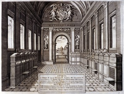 View of the museum of Michele Mercati, steward of the Vatican Botanical Gardens. Engraving from 